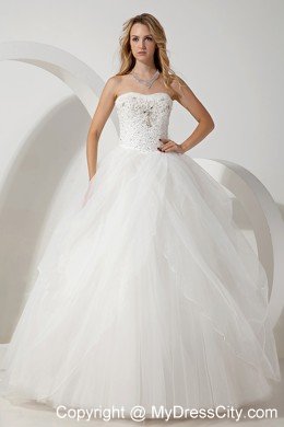 White Ball Gown Strapless Floor-length Beading Wedding Dress