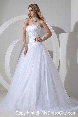 Cheap Tulle Princess Strapless Court Train Beaded Bridal Gown