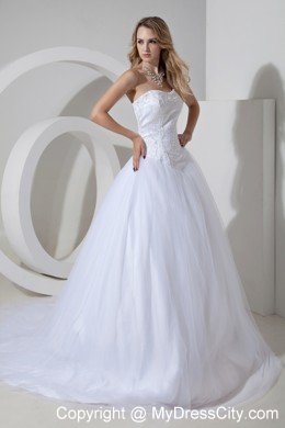 Cheap Tulle Princess Strapless Court Train Beaded Bridal Gown