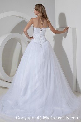 Cheap Tulle Princess Strapless Court Train Beaded Bridal Gown