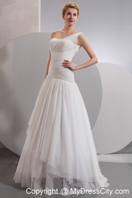 A-line One Shoulder Floor-length Chiffon Ruched Wedding Dress