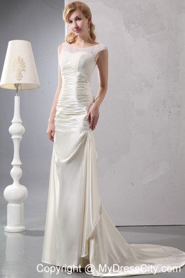 Beautiful Column Court Train Scoop Satin Lace Wedding Dress