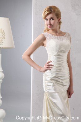 Beautiful Column Court Train Scoop Satin Lace Wedding Dress