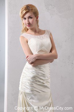 Beautiful Column Court Train Scoop Satin Lace Wedding Dress