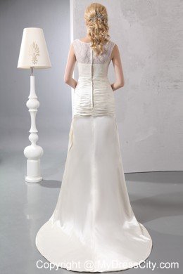 Beautiful Column Court Train Scoop Satin Lace Wedding Dress