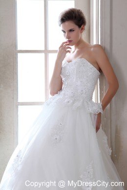 A-line Brush Train Tulle Beading and Appliques Wedding Dress