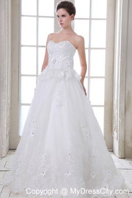 A-line Brush Train Tulle Beading and Appliques Wedding Dress