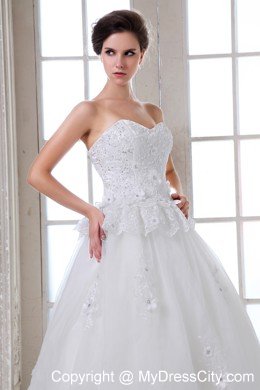 A-line Brush Train Tulle Beading and Appliques Wedding Dress