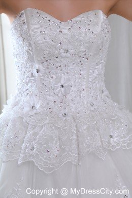 A-line Brush Train Tulle Beading and Appliques Wedding Dress