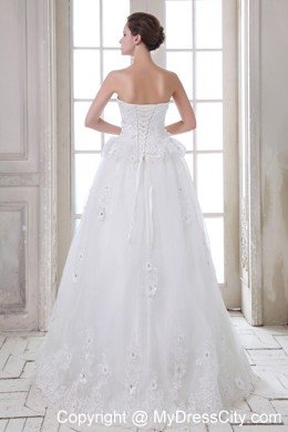 A-line Brush Train Tulle Beading and Appliques Wedding Dress