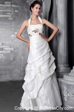 Beaded A-Line Floor-length Taffeta Wedding Dress with Halter