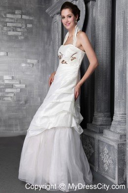 Beaded A-Line Floor-length Taffeta Wedding Dress with Halter