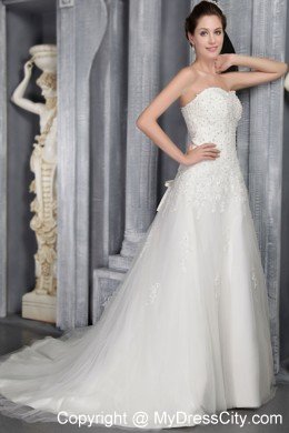 Appliques Strapless Court Train Tulle and Lace Bridal Dress