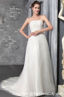 Appliques Strapless Court Train Tulle and Lace Bridal Dress