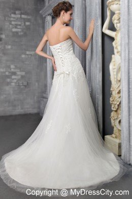 Appliques Strapless Court Train Tulle and Lace Bridal Dress