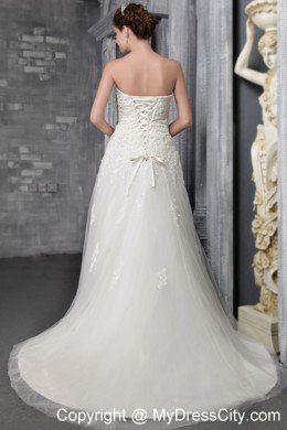 Appliques Strapless Court Train Tulle and Lace Bridal Dress