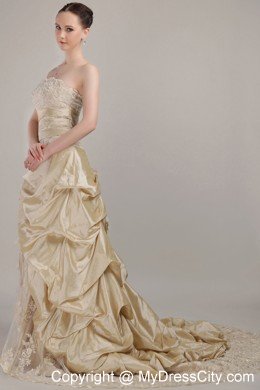 Champagne Strapless Court Train Taffeta and Lace Bridal Dress