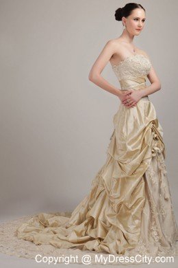 Champagne Strapless Court Train Taffeta and Lace Bridal Dress