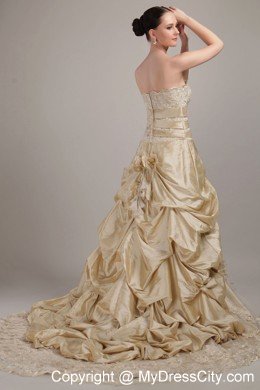 Champagne Strapless Court Train Taffeta and Lace Bridal Dress