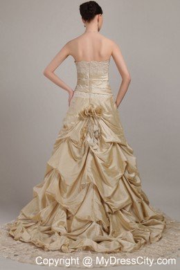 Champagne Strapless Court Train Taffeta and Lace Bridal Dress