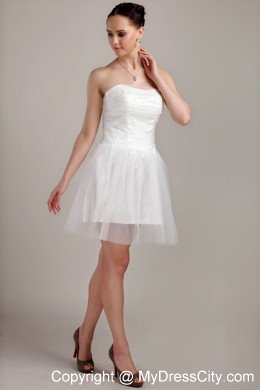 Strapless Short Tulle Beading and Ruching Beach Wedding Dress