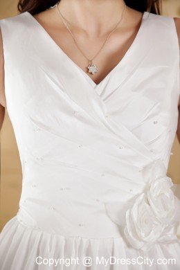 Column V-neck Floor-length Taffeta Bridal Dress with Flowers