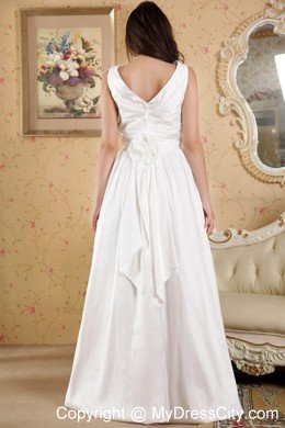 Column V-neck Floor-length Taffeta Bridal Dress with Flowers