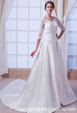 A-line V-neck Satin Appliques Wedding Dress with Half Sleeves