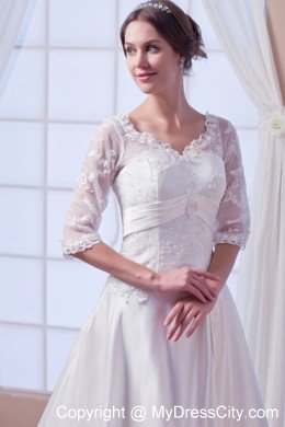 A-line V-neck Satin Appliques Wedding Dress with Half Sleeves