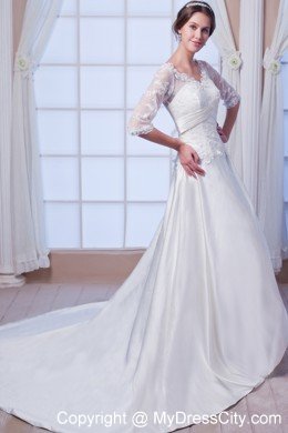 A-line V-neck Satin Appliques Wedding Dress with Half Sleeves