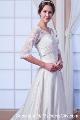 A-line V-neck Satin Appliques Wedding Dress with Half Sleeves