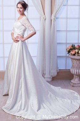 A-line V-neck Satin Appliques Wedding Dress with Half Sleeves