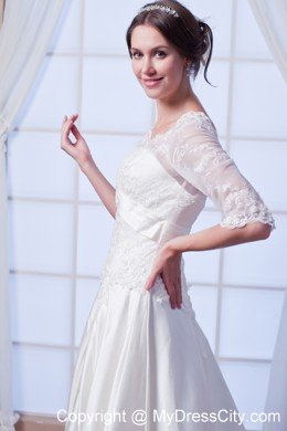 A-line V-neck Satin Appliques Wedding Dress with Half Sleeves