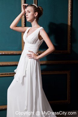 V-neck Empire Brush Train Chiffon Ruching Wedding Dress