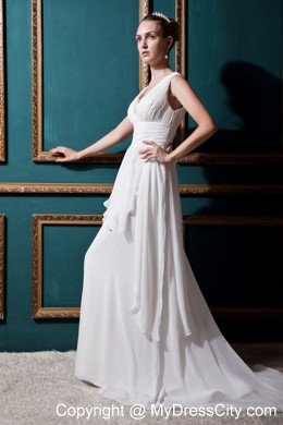 V-neck Empire Brush Train Chiffon Ruching Wedding Dress