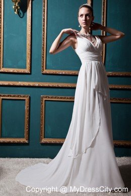 V-neck Empire Brush Train Chiffon Ruching Wedding Dress