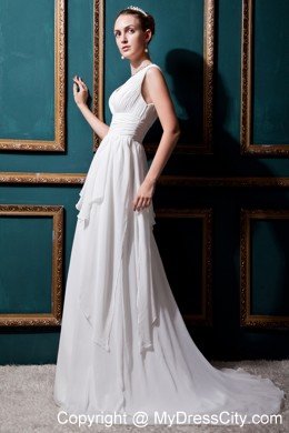 V-neck Empire Brush Train Chiffon Ruching Wedding Dress