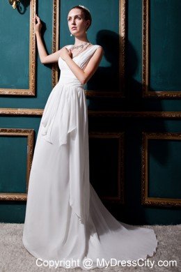 V-neck Empire Brush Train Chiffon Ruching Wedding Dress