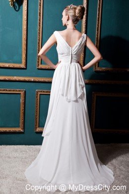 V-neck Empire Brush Train Chiffon Ruching Wedding Dress