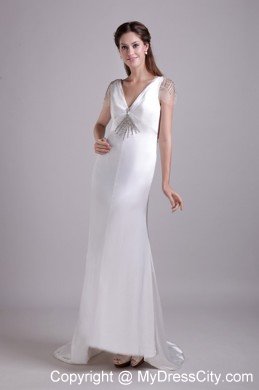 V-neck Taffeta Beading Wedding Dress with Short Sleeves