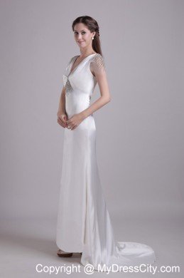 V-neck Taffeta Beading Wedding Dress with Short Sleeves