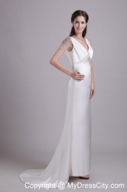 V-neck Taffeta Beading Wedding Dress with Short Sleeves