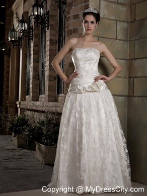 Latest Strapless Long Taffeta and Lace Bridal Dress with Flowers