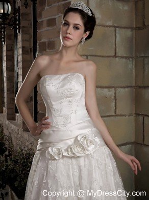 Latest Strapless Long Taffeta and Lace Bridal Dress with Flowers