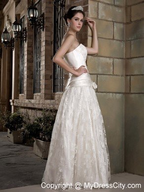 Latest Strapless Long Taffeta and Lace Bridal Dress with Flowers