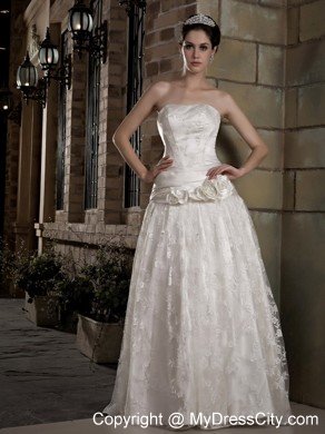 Latest Strapless Long Taffeta and Lace Bridal Dress with Flowers