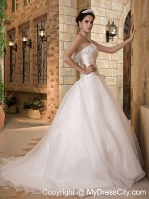 A-line Strapless Beaded Wedding Dress with Taffeta and Organza