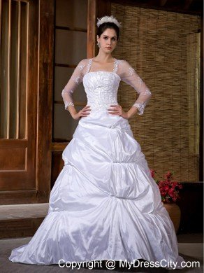 A-line Strapless Taffeta Appliques Wedding Dress with 3 4 Sleeves