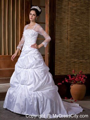 A-line Strapless Taffeta Appliques Wedding Dress with 3 4 Sleeves