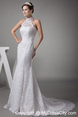 Halter Top Mermaid Lace with Beading Court Train Wedding Dress